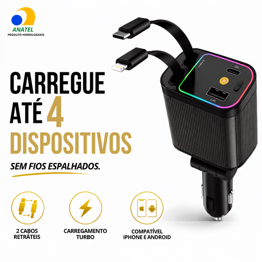 Carregador Turbo 4 em 1 com cabo retrátil 80 cm e Luz LED projetor