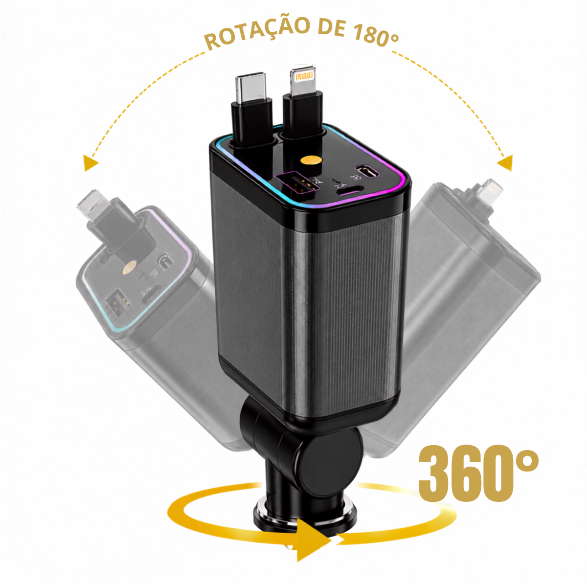 Carregador Turbo 4 em 1 com cabo retrátil 80 cm e Luz LED projetor