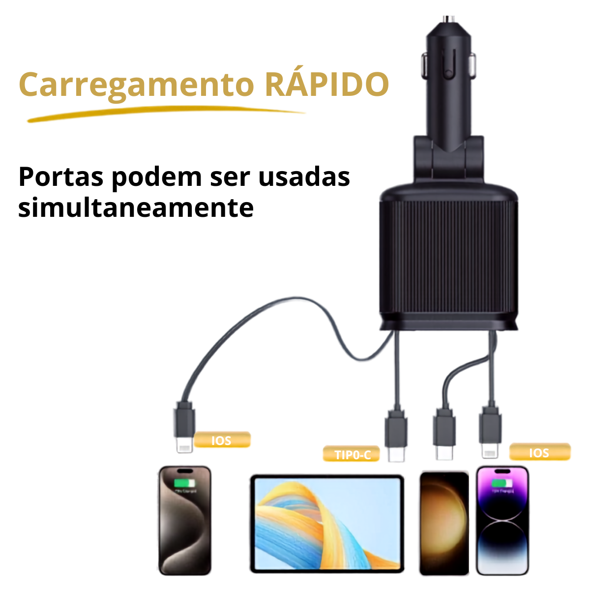 Carregador Turbo 4 em 1 com cabo retrátil 80 cm e Luz LED projetor