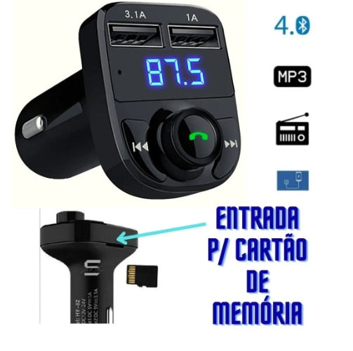 Adaptador Bluetooth Veicular X8 com Transmissor FM e Carregador USB Rápido para Android e iPhone – Royal Kar