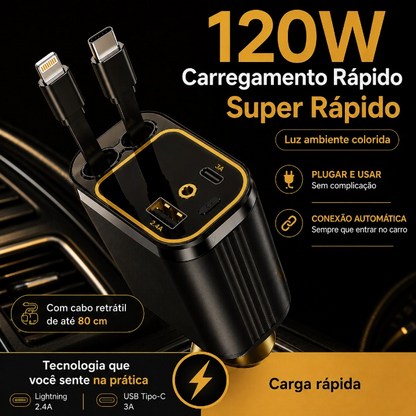 Carregador Retrátil 4 em 1 para Carro com Luz LED e Cabos Integrados – Royal Kar