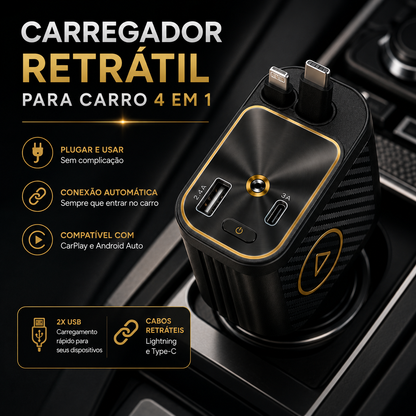 Carregador Retrátil 4 em 1 para Carro com Luz LED e Cabos Integrados – Royal Kar