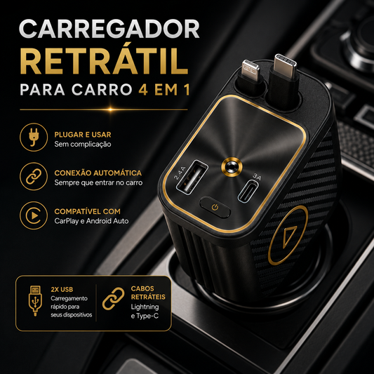 Carregador Retrátil 4 em 1 para Carro com Luz LED e Cabos Integrados – Royal Kar