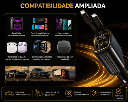 Carregador Retrátil 4 em 1 para Carro com Luz LED e Cabos Integrados – Royal Kar