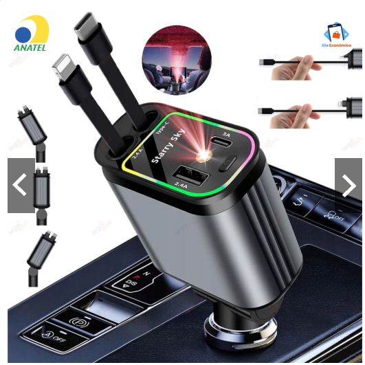 Carregador Retrátil 4 em 1 para Carro com Luz LED e Cabos Integrados – Royal Kar