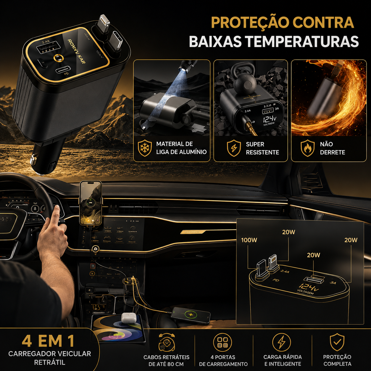Carregador Retrátil 4 em 1 para Carro com Luz LED e Cabos Integrados – Royal Kar