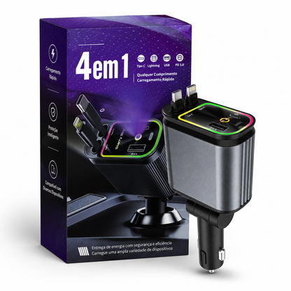 Carregador Turbo 4 em 1 com cabo retrátil 80 cm e Luz LED projetor