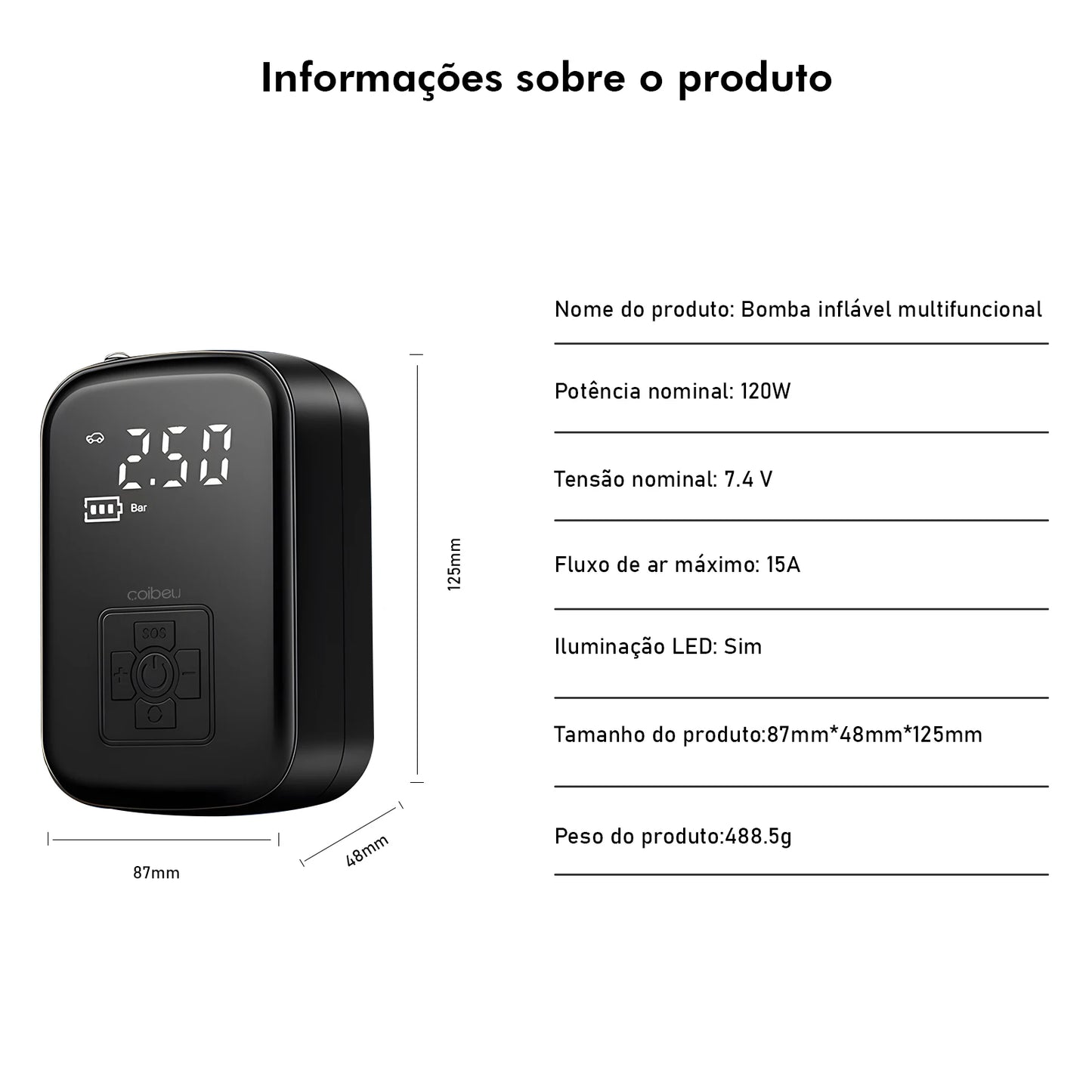Compressor de Ar Portátil Digital com LED e SOS para Carro e Bicicleta – Royal Kar