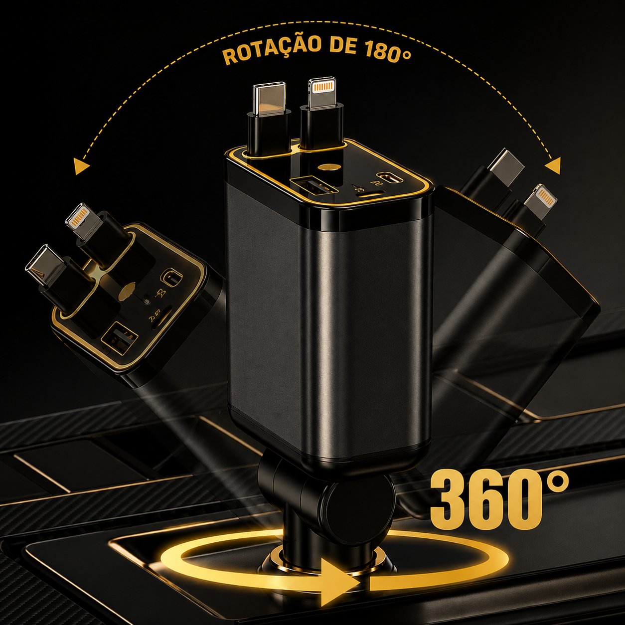 Carregador Retrátil 4 em 1 para Carro com Luz LED e Cabos Integrados – Royal Kar