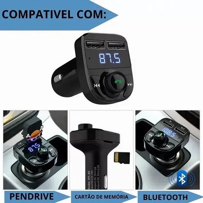 Adaptador Bluetooth Veicular X8 com Transmissor FM e Carregador USB Rápido para Android e iPhone – Royal Kar